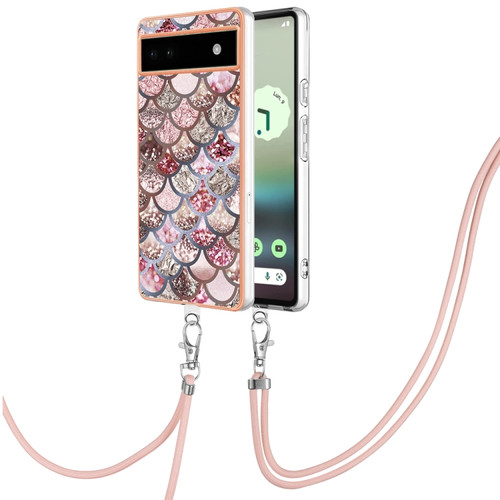 Google Pixel 6a Electroplating IMD TPU Phone Case with Lanyard - Pink Scales