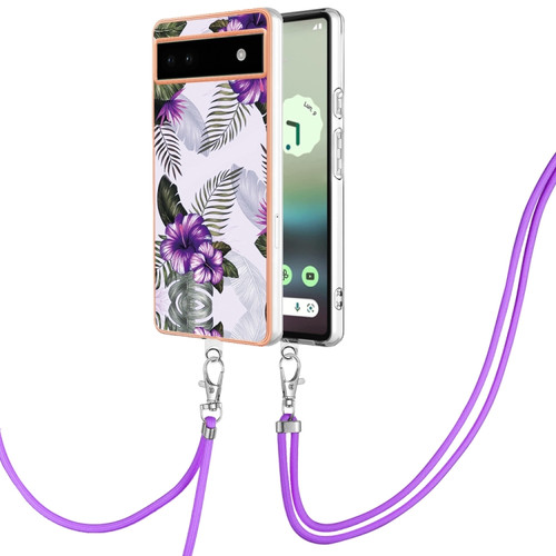 Google Pixel 6a Electroplating IMD TPU Phone Case with Lanyard - Purple Flower