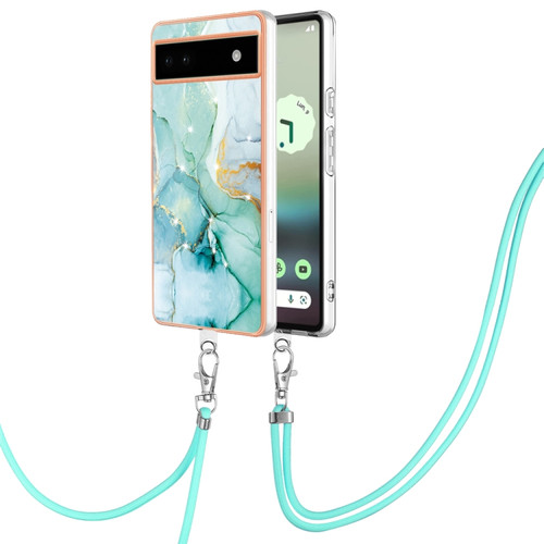 Google Pixel 6a Electroplating Marble Dual-side IMD Phone Case with Lanyard - Green 003