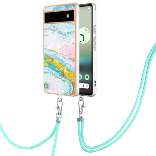 Google Pixel 6a Electroplating Marble Dual-side IMD Phone Case with Lanyard - Green 004