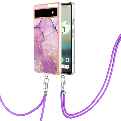 Google Pixel 6a Electroplating Marble Dual-side IMD Phone Case with Lanyard - Purple 001