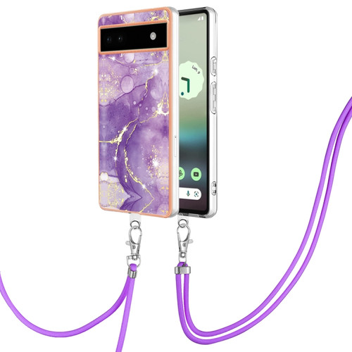 Google Pixel 6a Electroplating Marble Dual-side IMD Phone Case with Lanyard - Purple 002