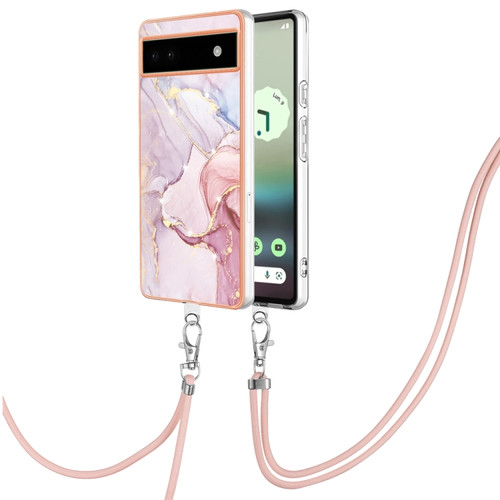 Google Pixel 6a Electroplating Marble Dual-side IMD Phone Case with Lanyard - Rose Gold 005