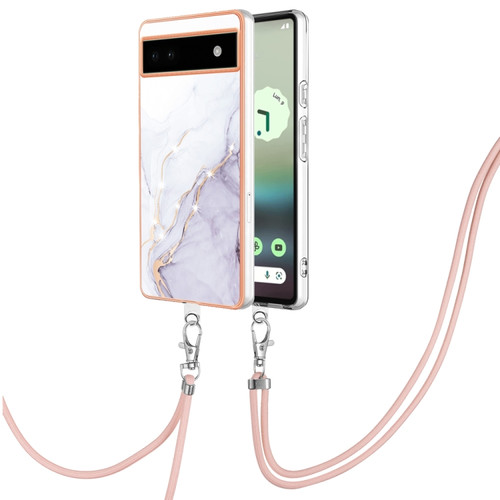 Google Pixel 6a Electroplating Marble Dual-side IMD Phone Case with Lanyard - White 006