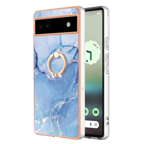 Google Pixel 6a Electroplating Marble Dual-side IMD Phone Case with Ring - Blue 018