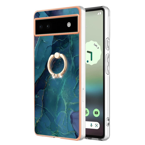 Google Pixel 6a Electroplating Marble Dual-side IMD Phone Case with Ring - Green 017