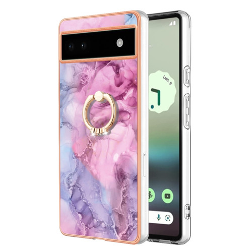 Google Pixel 6a Electroplating Marble Dual-side IMD Phone Case with Ring - Pink 013