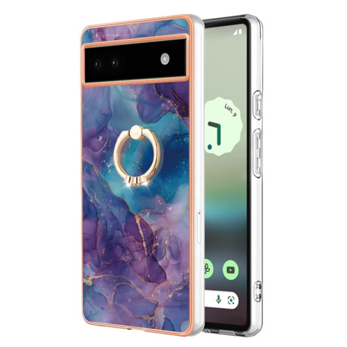 Google Pixel 6a Electroplating Marble Dual-side IMD Phone Case with Ring - Purple 016