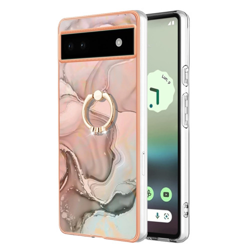 Google Pixel 6a Electroplating Marble Dual-side IMD Phone Case with Ring - Rose Gold 015