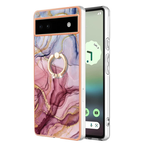 Google Pixel 6a Electroplating Marble Dual-side IMD Phone Case with Ring - Rose Red 014