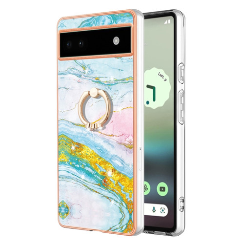 Google Pixel 6a Electroplating Marble IMD TPU Phone Case with Ring Holder - Green 004