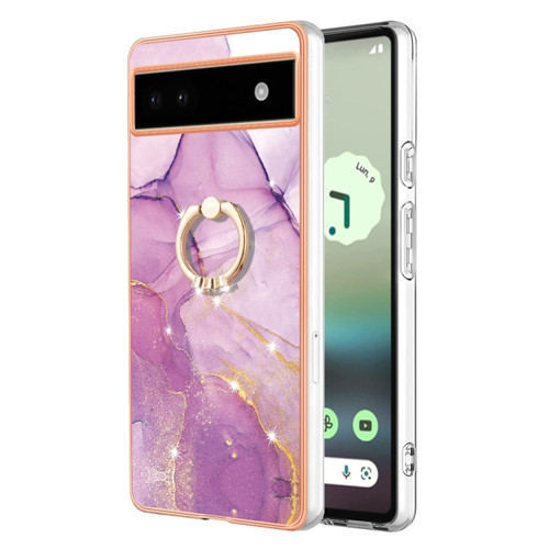 Google Pixel 6a Electroplating Marble IMD TPU Phone Case with Ring Holder - Purple 001