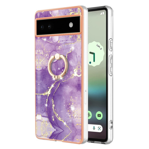 Google Pixel 6a Electroplating Marble IMD TPU Phone Case with Ring Holder - Purple 002