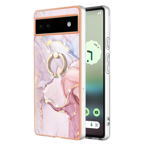 Google Pixel 6a Electroplating Marble IMD TPU Phone Case with Ring Holder - Rose Gold 005