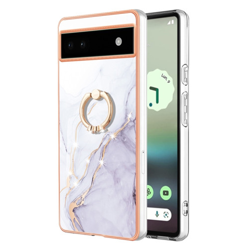 Google Pixel 6a Electroplating Marble IMD TPU Phone Case with Ring Holder - White 006