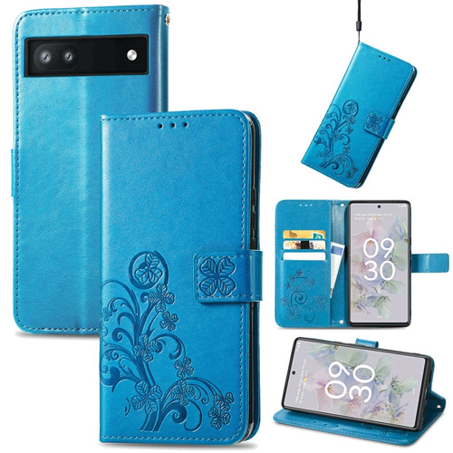 Google Pixel 6a Four-leaf Clasp Embossed Buckle Leather Phone Case - Blue