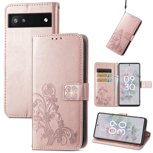 Google Pixel 6a Four-leaf Clasp Embossed Buckle Leather Phone Case - Rose Gold