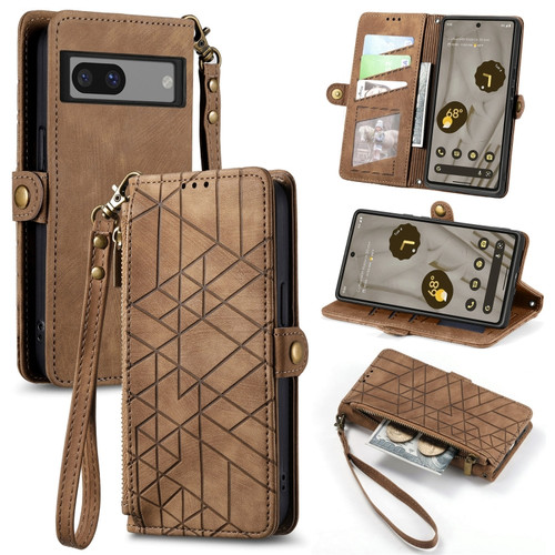 Google Pixel 6A Geometric Zipper Wallet Side Buckle Leather Phone Case - Brown