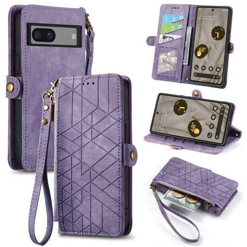 Google Pixel 6A Geometric Zipper Wallet Side Buckle Leather Phone Case - Purple