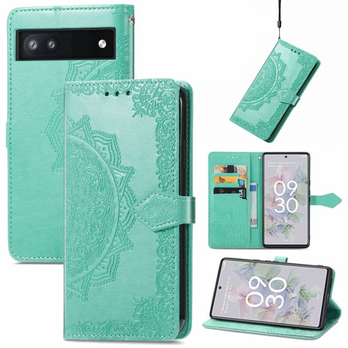 Google Pixel 6a Mandala Flower Embossed Flip Leather Phone Case - Green