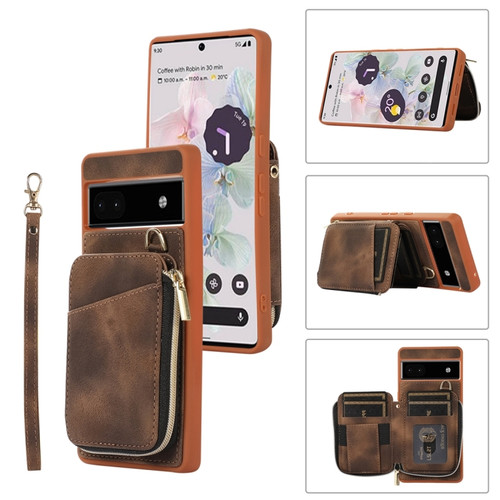 Google Pixel 6a Zipper Card Bag Back Cover Phone Case - Brown