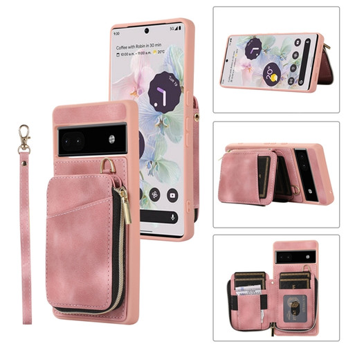 Google Pixel 6a Zipper Card Bag Back Cover Phone Case - Pink