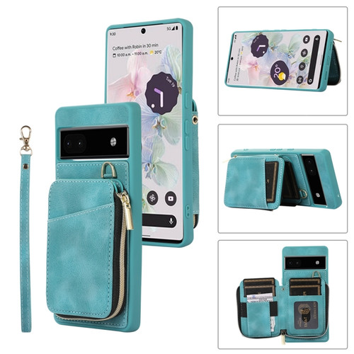 Google Pixel 6a Zipper Card Bag Back Cover Phone Case - Turquoise