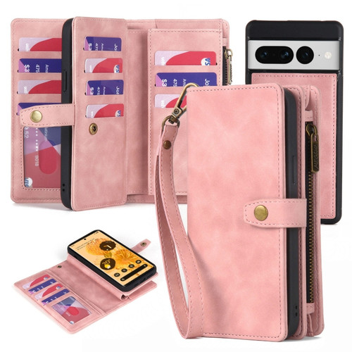 Google Pixel 6a Zipper Wallet Detachable MagSafe Leather Phone Case - Pink