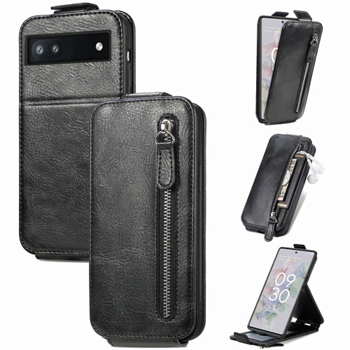 Google Pixel 6a Zipper Wallet Vertical Flip Leather Phone Case - Black