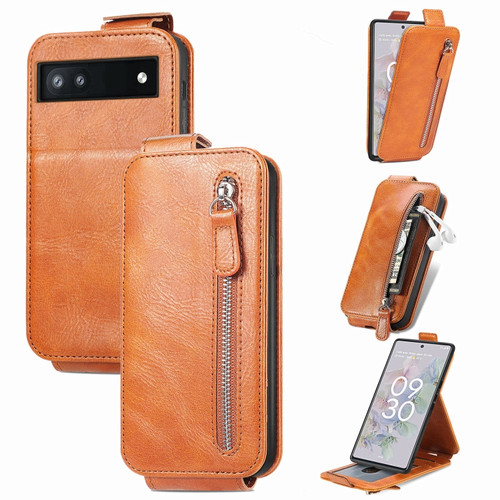 Google Pixel 6a Zipper Wallet Vertical Flip Leather Phone Case - Brown