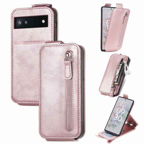 Google Pixel 6a Zipper Wallet Vertical Flip Leather Phone Case - Pink