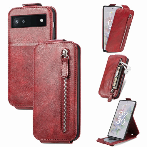 Google Pixel 6a Zipper Wallet Vertical Flip Leather Phone Case - Red