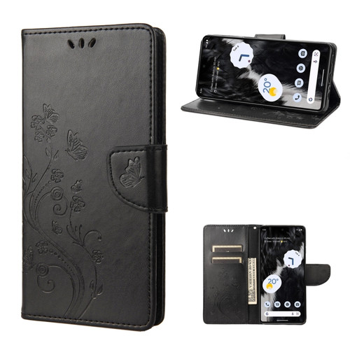 Google Pixel 7 5G Butterfly Flower Pattern Flip Leather Phone Case - Black
