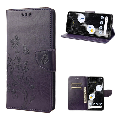 Google Pixel 7 5G Butterfly Flower Pattern Flip Leather Phone Case - Dark Purple