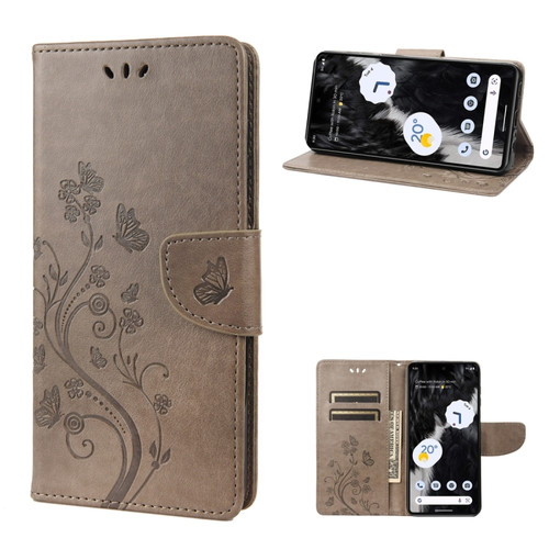 Google Pixel 7 5G Butterfly Flower Pattern Flip Leather Phone Case - Grey