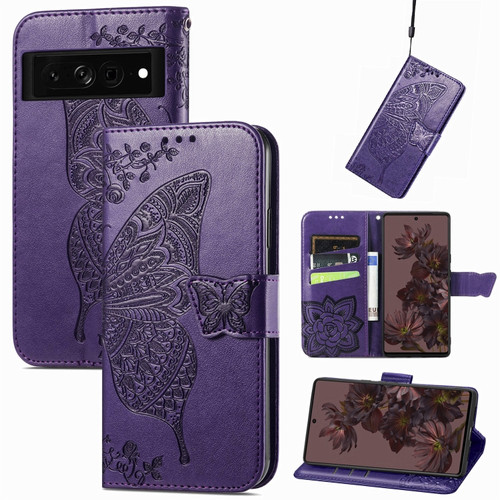 Google Pixel 7 5G Butterfly Love Flower Embossed Leather Phone Case - Dark Purple