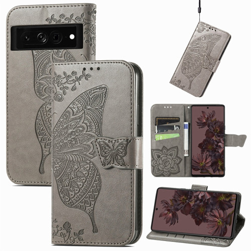 Google Pixel 7 5G Butterfly Love Flower Embossed Leather Phone Case - Grey