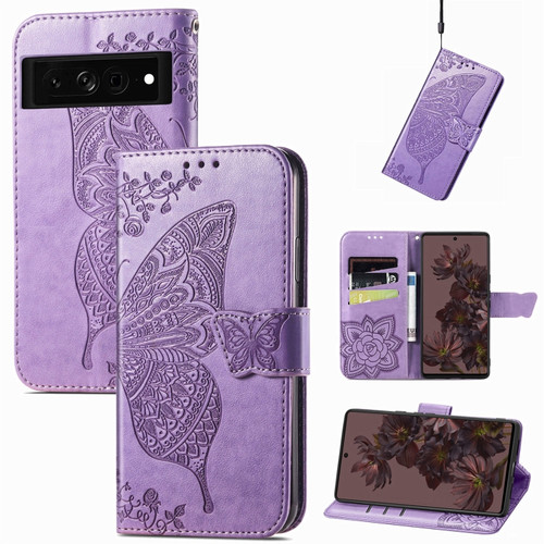 Google Pixel 7 5G Butterfly Love Flower Embossed Leather Phone Case - Light Purple