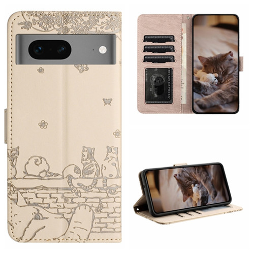 Google Pixel 7 5G Cat Embossing Pattern Leather Phone Case with Lanyard - Beige