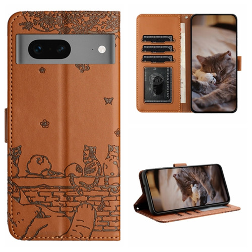 Google Pixel 7 5G Cat Embossing Pattern Leather Phone Case with Lanyard - Brown