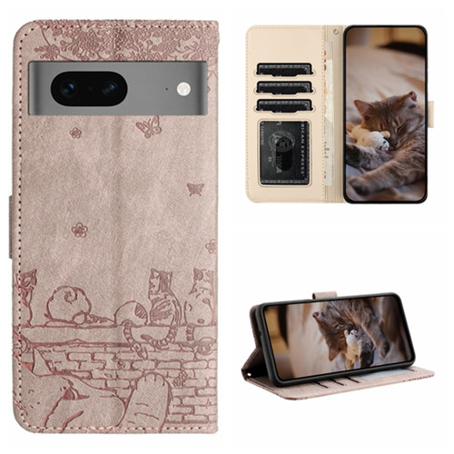 Google Pixel 7 5G Cat Embossing Pattern Leather Phone Case with Lanyard - Grey