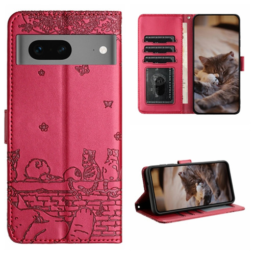 Google Pixel 7 5G Cat Embossing Pattern Leather Phone Case with Lanyard - Red