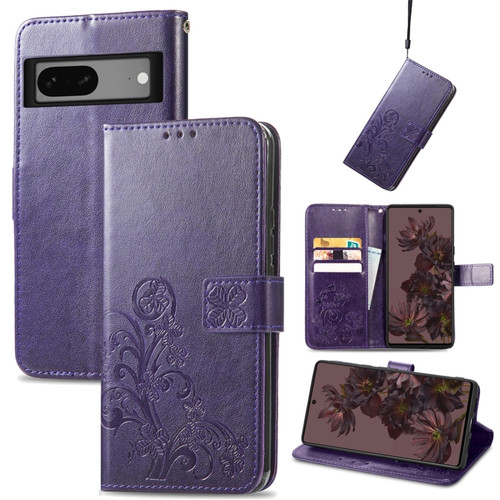 Google Pixel 7 5G Four-leaf Clasp Embossed Buckle Leather Phone Case - Purple