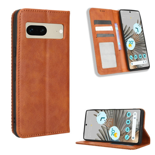Google Pixel 7 5G Magnetic Buckle Retro Texture Leather Phone Case - Brown