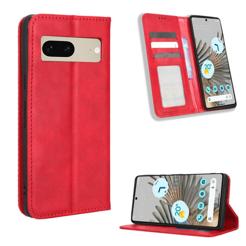 Google Pixel 7 5G Magnetic Buckle Retro Texture Leather Phone Case - Red