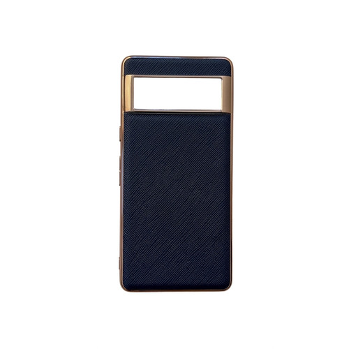 Google Pixel 7 5G Nano Electroplating Cross Texture Genuine Leather Phone Case - Blue