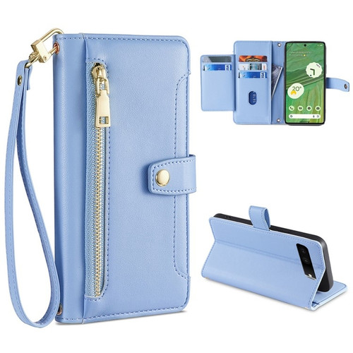 Google Pixel 7 5G Sheep Texture Cross-body Zipper Wallet Leather Phone Case - Blue
