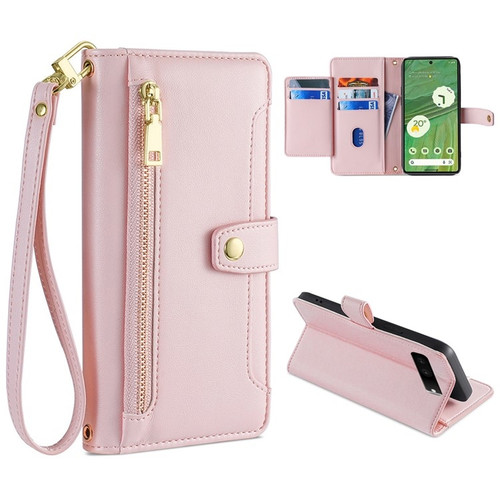 Google Pixel 7 5G Sheep Texture Cross-body Zipper Wallet Leather Phone Case - Pink