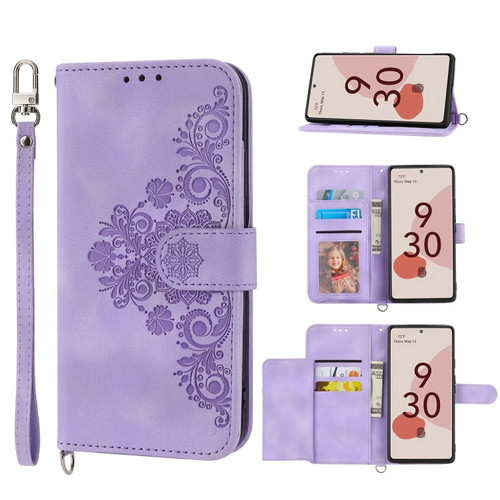 Google Pixel 7 5G Skin-feel Flowers Embossed Wallet Leather Phone Case - Purple