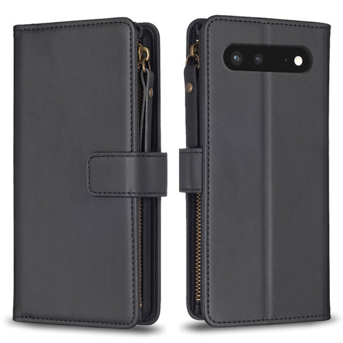 Google Pixel 7 9 Card Slots Zipper Wallet Leather Flip Phone Case - Black